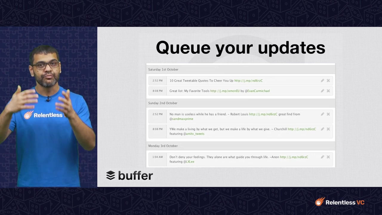 Buffer deck opening slide: "Social, the most important trend" with Zuckerberg's Law