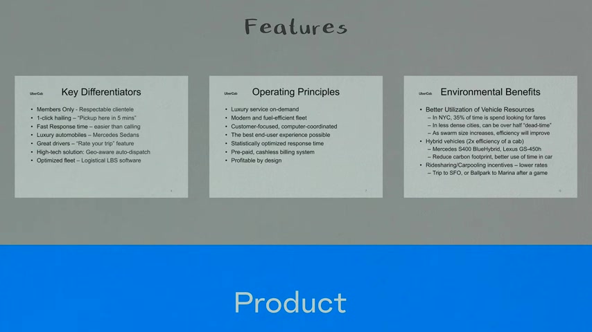 Uber pitch deck Features slide showing Key Differentiators, Operating Principles, and Environmental Benefits