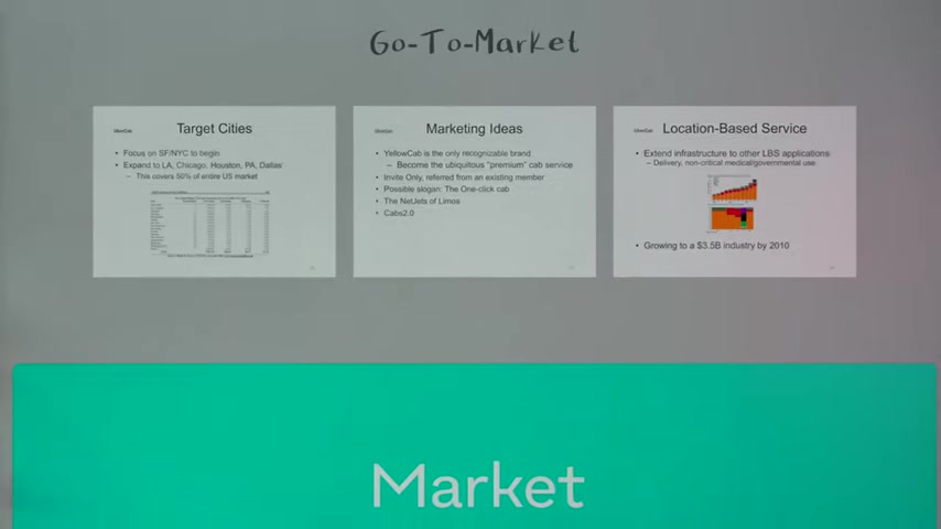 Uber pitch deck Go-To-Market slide showing Target Cities, Marketing Ideas, and LBS strategy
